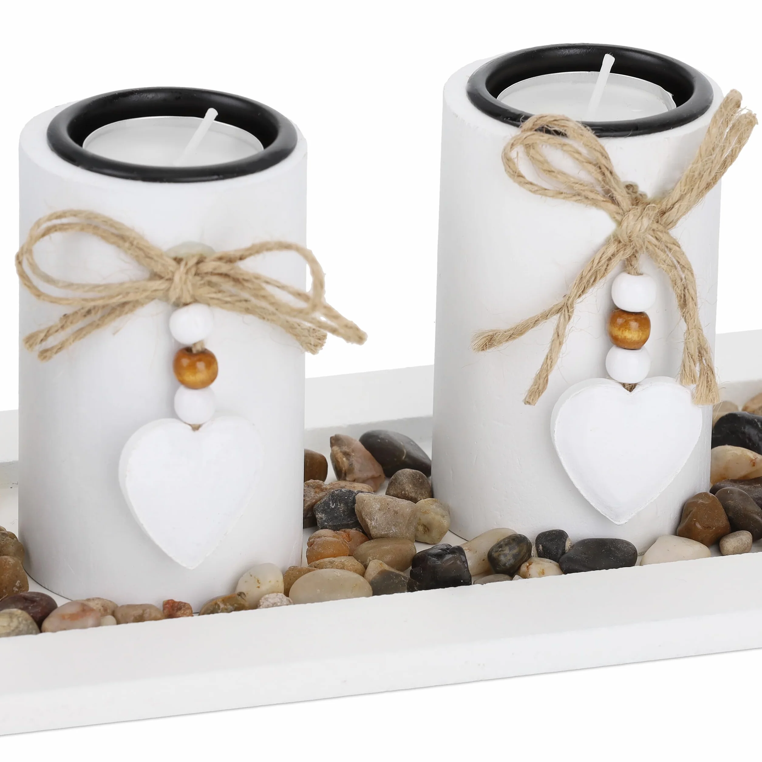 Relaxdays Portacandele Decorativo con Vassoio e Pietre, Lungo 39,5 cm, Decorazione per Tavolino e Soggiorno, Bianco
