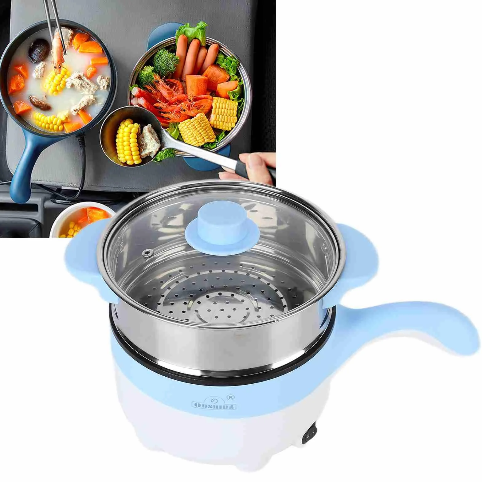 Pentola Elettrica per Auto 24V 2L Pentola Calda Mini Padella Antiaderente in Acciaio Inox con Coperchio per Pasta All' Tagliatelle(Padella elettrica 24V 2 litri celeste)