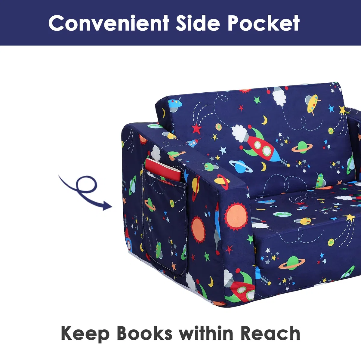 decalsweet Divano Letto per Bambini 2-in-1 Pieghevole Schienale Poltrona, Comoda Stabile Divano Bambini con Tasca in Stoffa, Divano Pieghevole Leggero Apribile per Camera da Letto, Soggiorno, Razzo