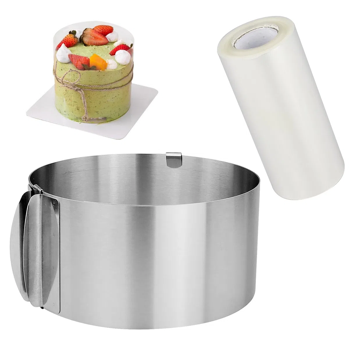 REBECASKYENS Anello per torta regolabile, 16-30 cm, anello da forno con collare per torte, in acciaio inox, rotondo, stampo per mousse, per cuocere, pasticceria, dessert