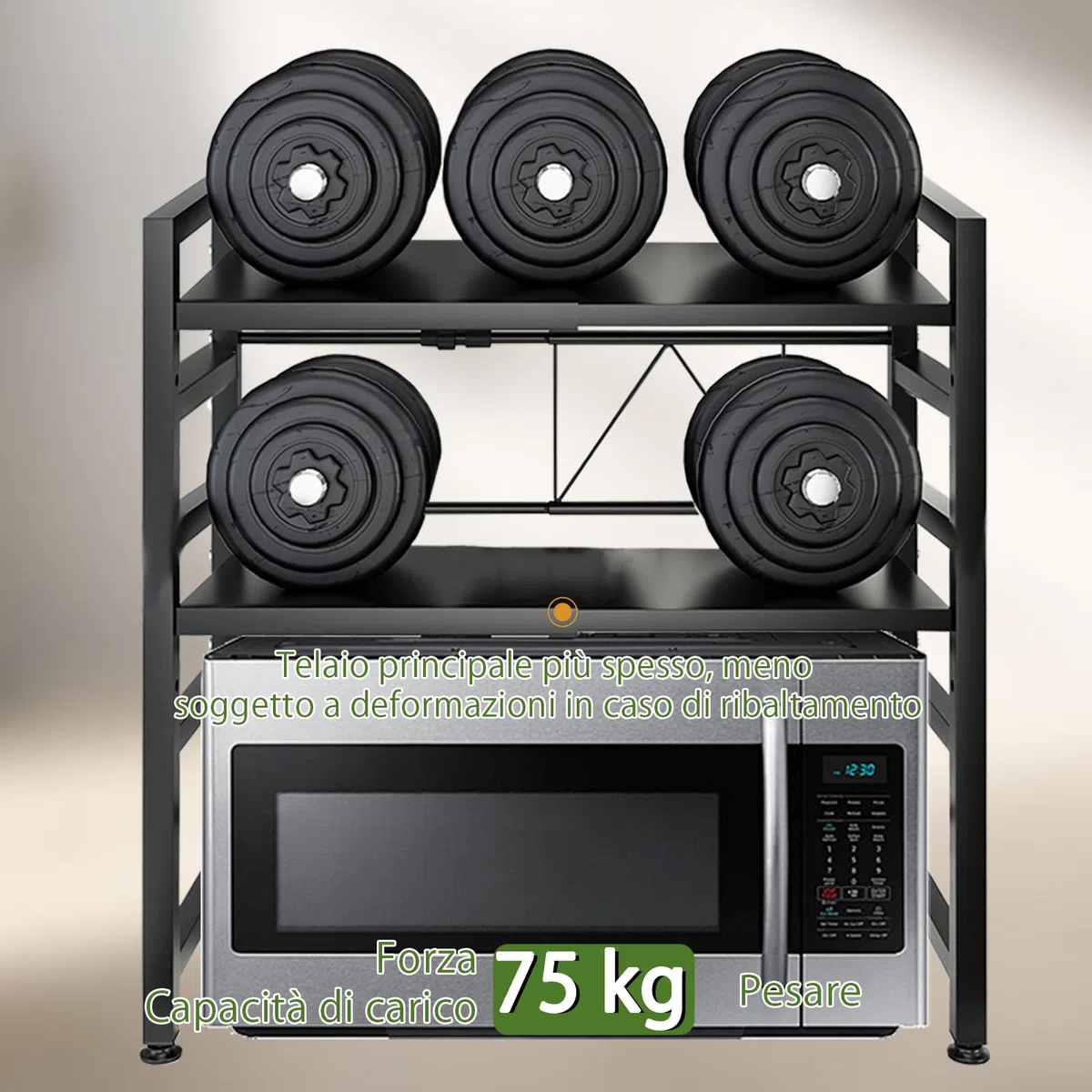 Scaffale a microonde a 2 livelli, larghezza regolabile, supporto per riporre il tostapane, scaffale cucina, allungabile da 40 a 63 cm, capacità di carico 75 kg (nero)