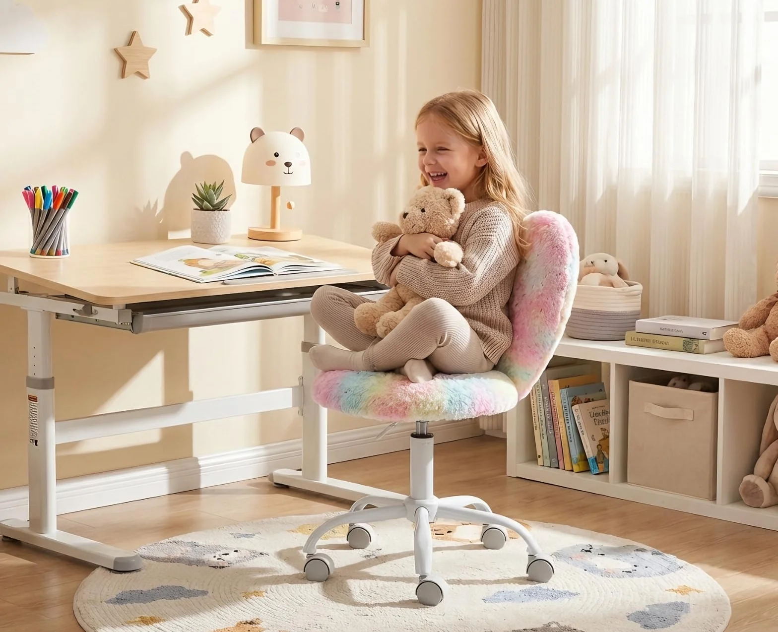 Ya-Home Sedia da Scrivania per Bambini Sedia Studio Bambina Regolabile in Altezza Sedia Bambini Scrivania Poltroncina Girevole in Pelliccia per Cameretta, Rosa