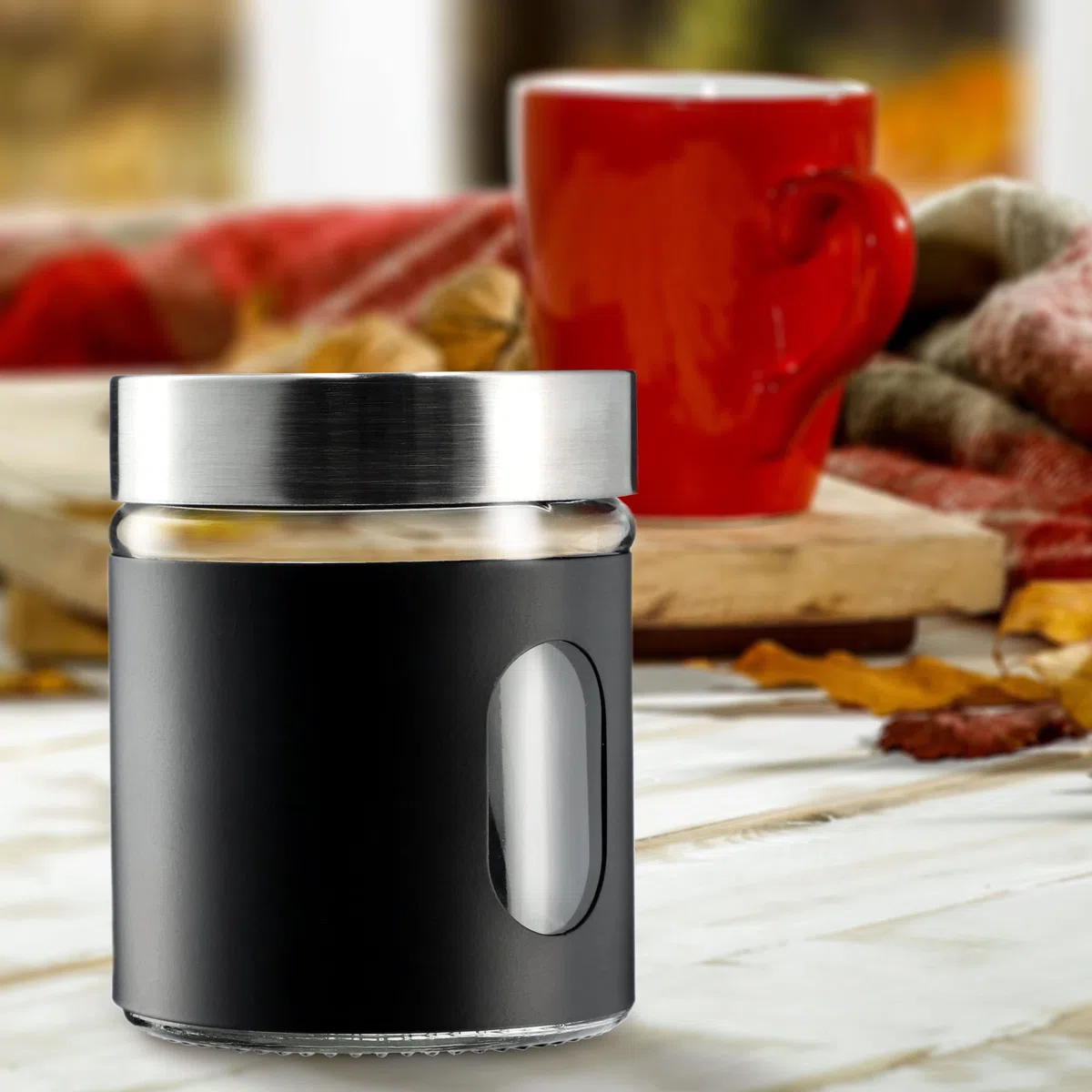 KADAX Contenitore da cucina, 320 ml, in vetro e acciaio inox, con tappo a vite, contenitore per farina, zucchero, caffè (nero)