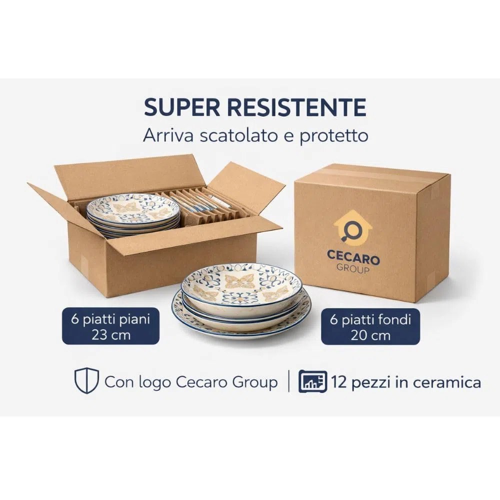 Servizio Piatti 12 Pezzi in Ceramica Cecaro Group – Fantasia Maiolica Blu – Set Tavola Design Elegante – Lavastoviglie e Microonde