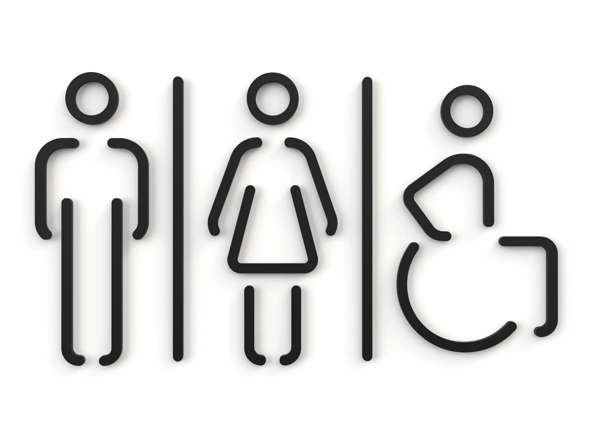 Signs – Pittogrammi a rilievo, sottili, adesivi. Simboli bagno Uomo Donna Disabile (15 cm) – Cartelli servizi igienici SA151 (1 Uomo + 1 Donna + 1 Disabile, Nero)