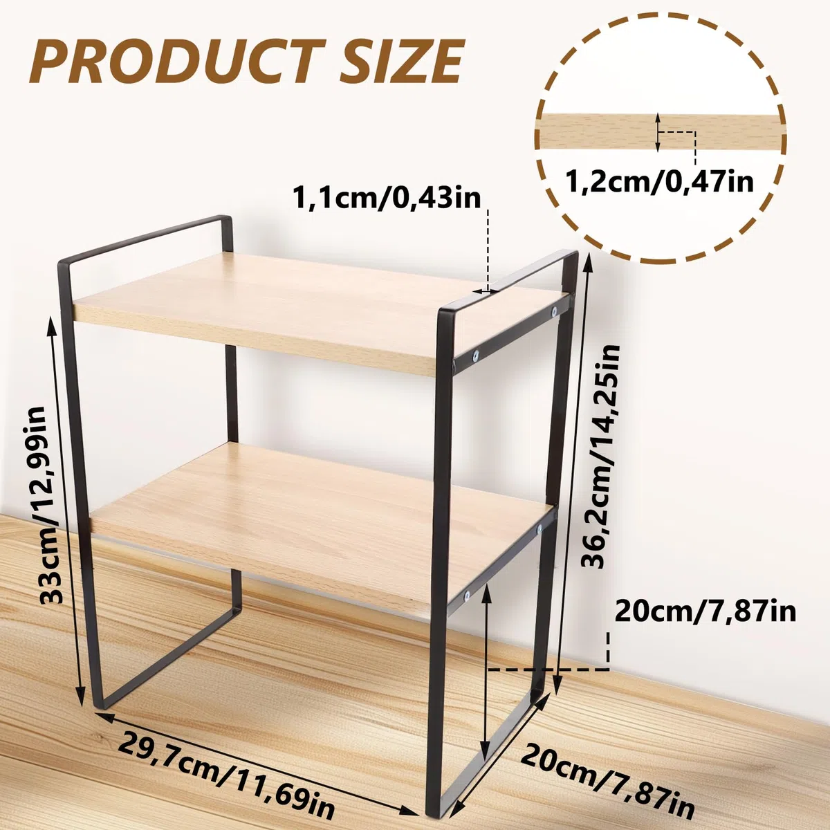 Mensola da scrivania, ripiano da cucina, mini scaffale in legno a 2 livelli, per scrivania, comò e cucina, piano di lavoro (nero + legno)