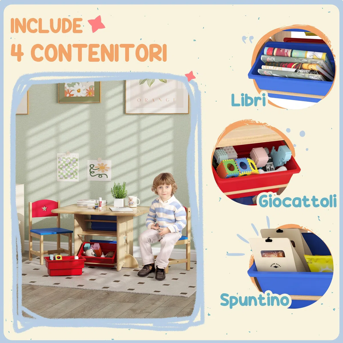 AIYAPLAY Set Tavolino e Sedie per Bambini 3-7 Anni, Tavolo per Bambini con 2 Sedie e 4 Contenitori Portaoggetti per Cameretta, in MDF e Legno di Pino, Color Legno