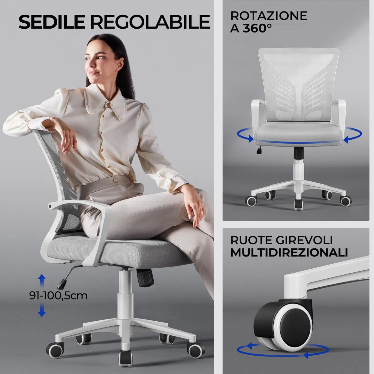 Yaheetech Sedia da Scrivania Ufficio Ergonomica a Rotelle Girevole Reclinabile in Rete Traspirante con Braccioli Altezza Regolabile Portata 136 kg Grigio Chiaro