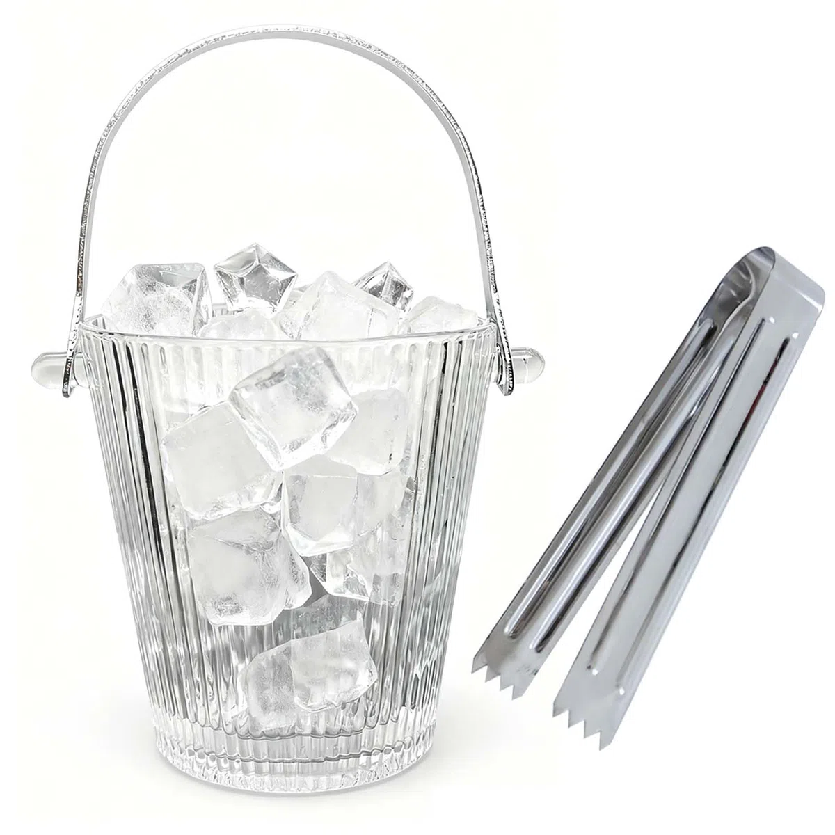 Secchiello per ghiaccio in vetro con manico e pinza per ghiaccio, per cocktail bar, vino, casa, bar, accessori, feste, secchiello per champagne trasparente