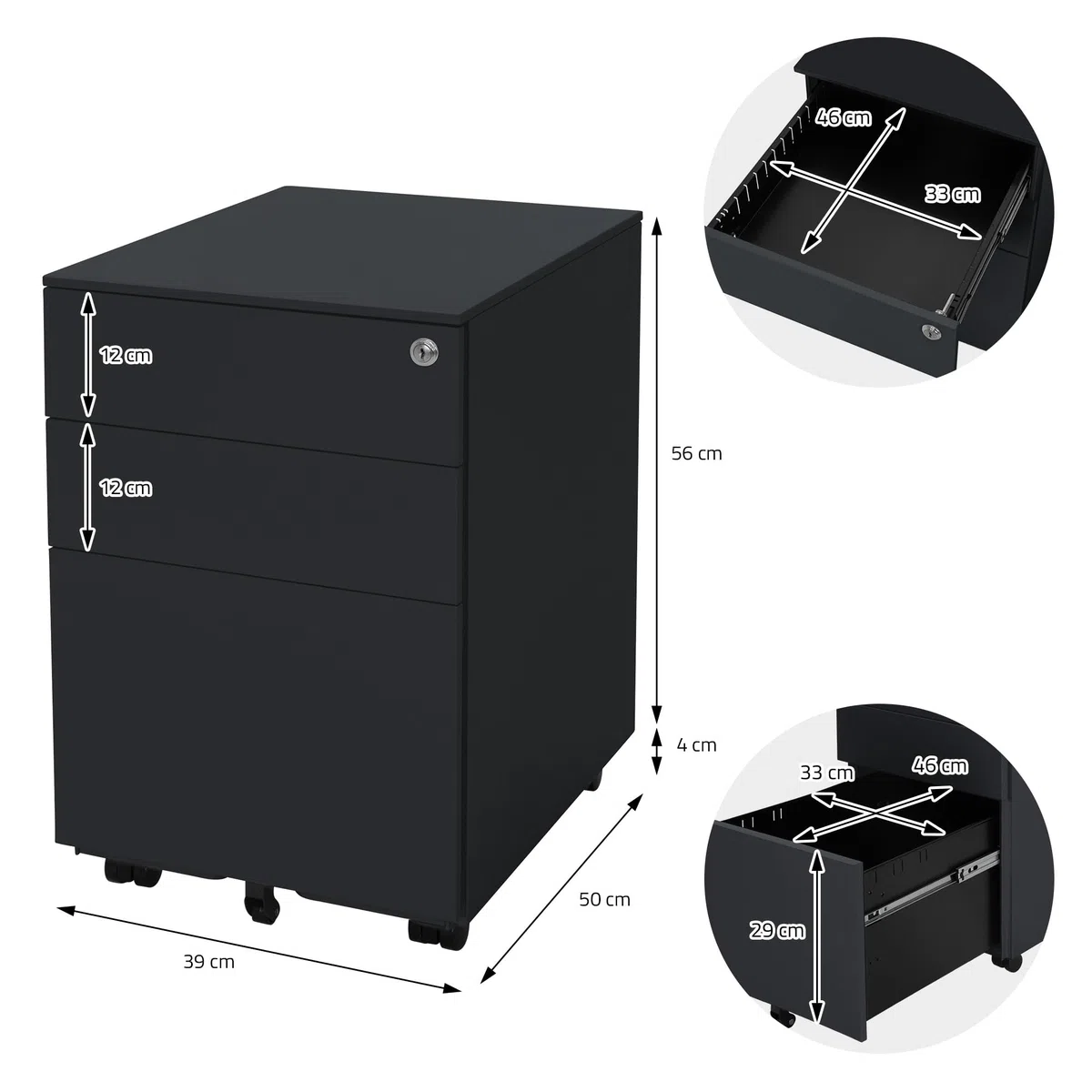 ML-Design Cassettiera da Ufficio con 3 Cassetti e Serratura Acciaio Antracite 39x50x56cm Mobili per Documenti Armadio Studio Scrivania Mobiletto con Rotelle e Blocco Base Mobile Portadocumenti