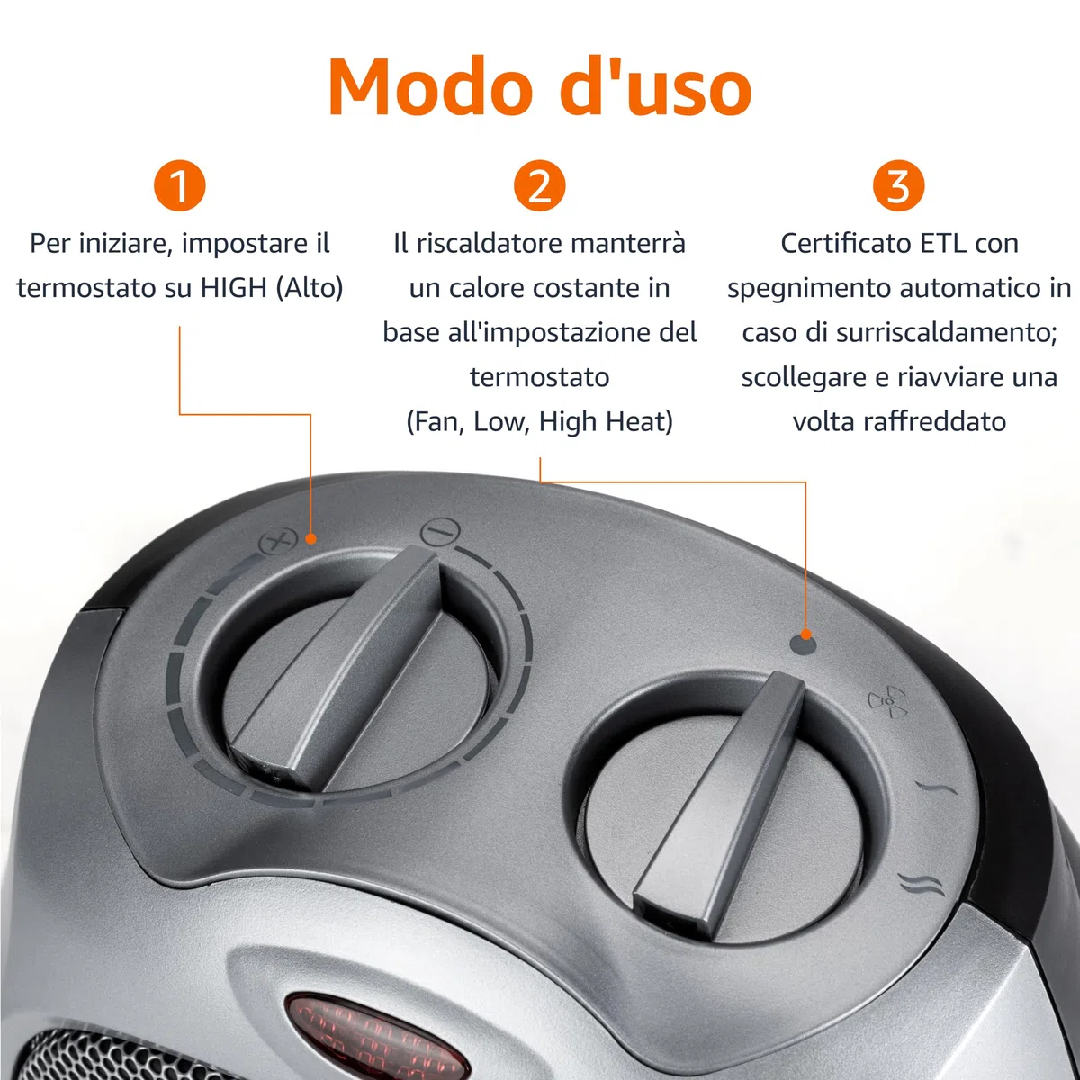 Amazon Basics Termoventilatore in ceramica da 1800 Watt con termostato regolabile - Argento