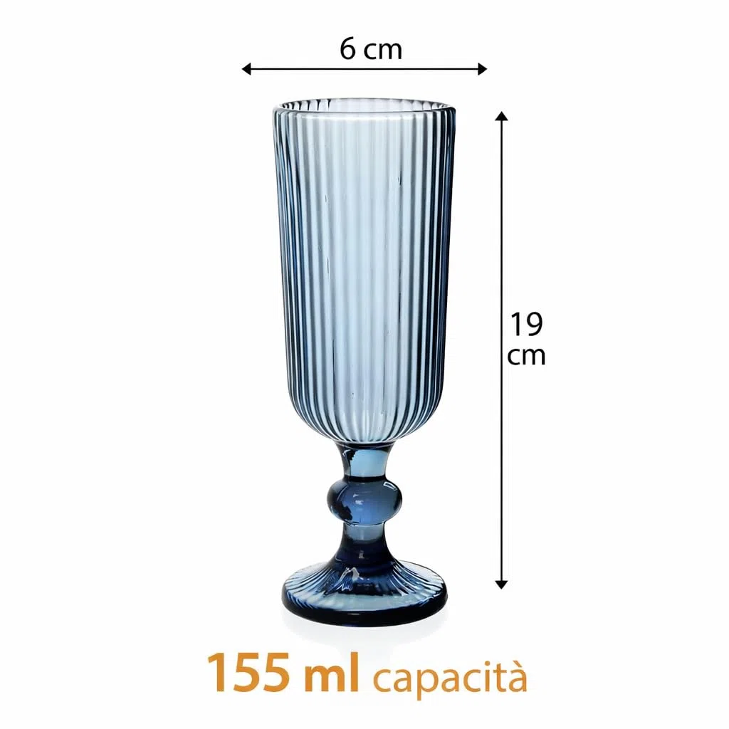 Set 6 Calici Flute in Vetro Rigato 155 ml – Calici Champagne e Aperitivo Eleganti, Design a Righe, Vetro Colorato, Lavabili in Lavastoviglie (Blu)