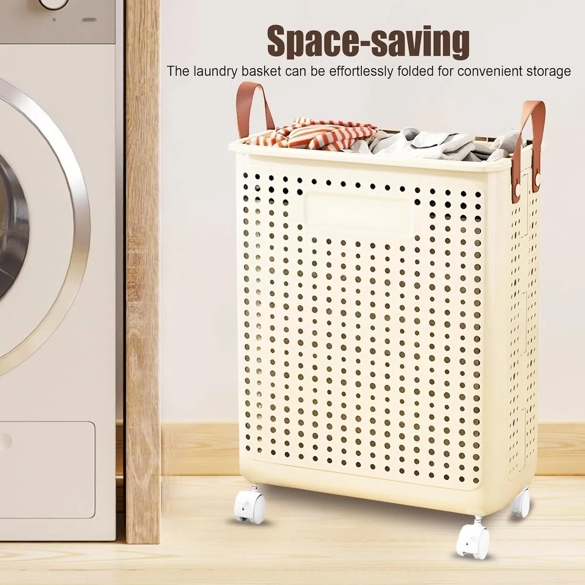 55L Foldable Laundry Basket with Wheels - Slim Rolling Laundry Hampers for Dorm, Apartments - Portable Clothes Organizer Storage Basket with Handles - Collapsible Storage Bins for Clothes, Toys