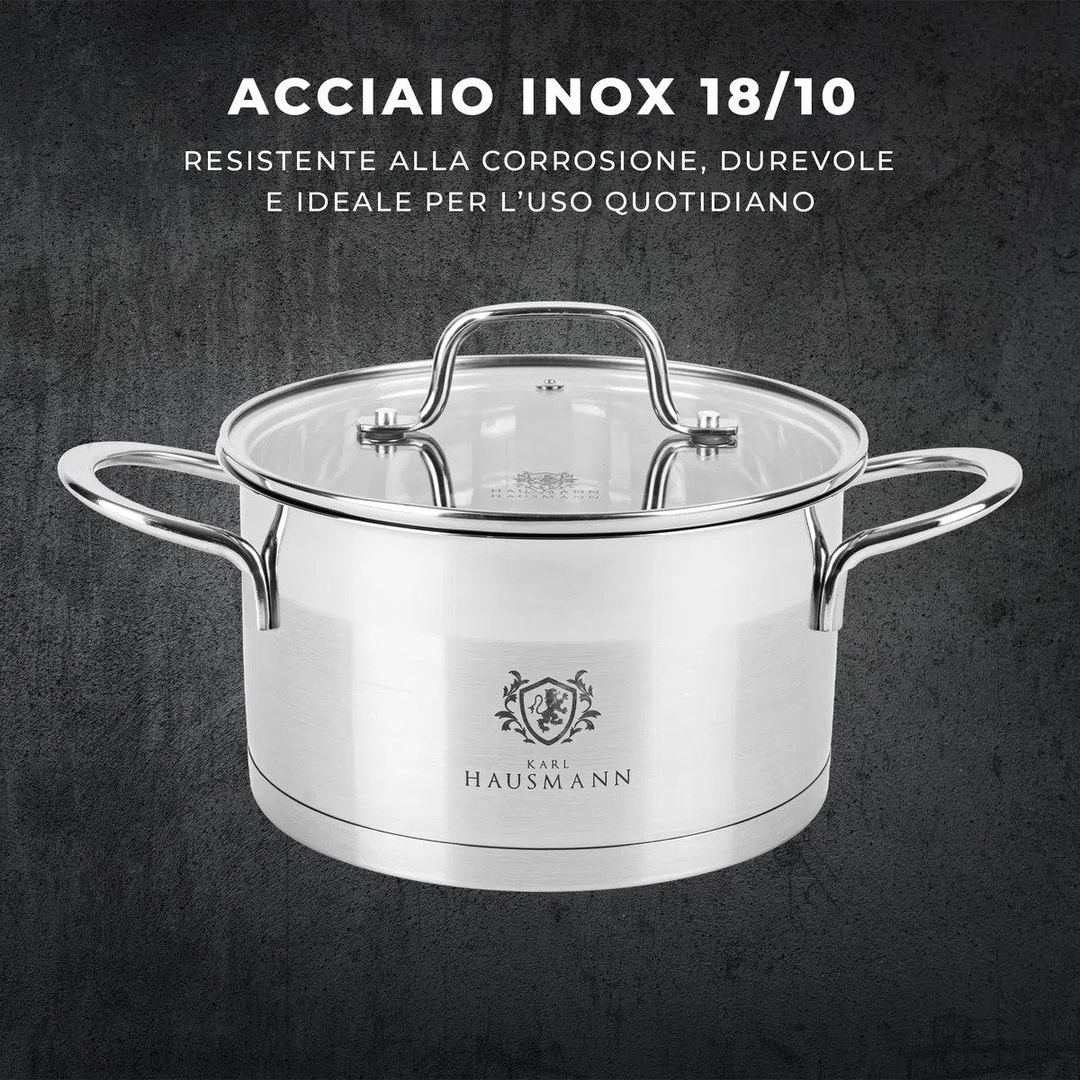 KARL HAUSMANN Pentola Acciaio Inox - 1.9L - 16 cm - Casseruola Induzione con Coperchio Vetro - Pentola Inox 18/10 - Scala Misura - Per Tutti i Fuochi - Pentole Acciaio Inossidabile