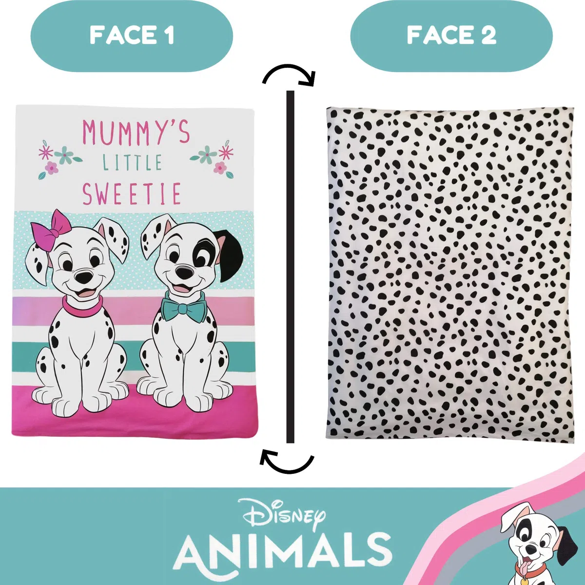 Copripiumino Disney 101 dalmata 100% cotone, set da letto 100 x 135 cm, federa 40 x 60 cm | Lettino reversibile | Cotone naturale morbido traspirante | Disney ufficiale | 0-3 anni | Sbarre | Lavabile in lavatrice