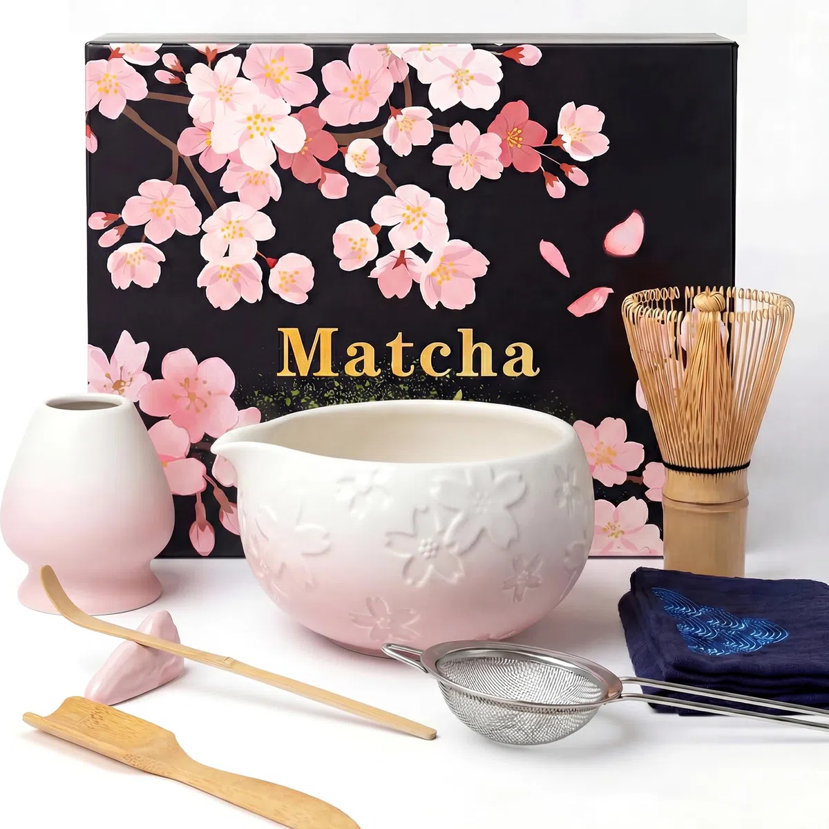 8 pezzi Matcha Kit, Matcha Set tradizionale in ceramica con Frusta Matcha, Ciotola, Cucchiaio, Filtro, Supporto, Kit Matcha completo, Elegante Set per Amanti del Matcha, Bianco Rosa