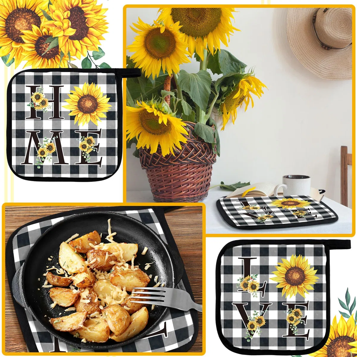 Bencailor 6 presine decorative da cucina, 2 strofinacci, 2 guanti da cucina in fattoria, 2 presine, accessori per cottura alla griglia (giallo, girasole)