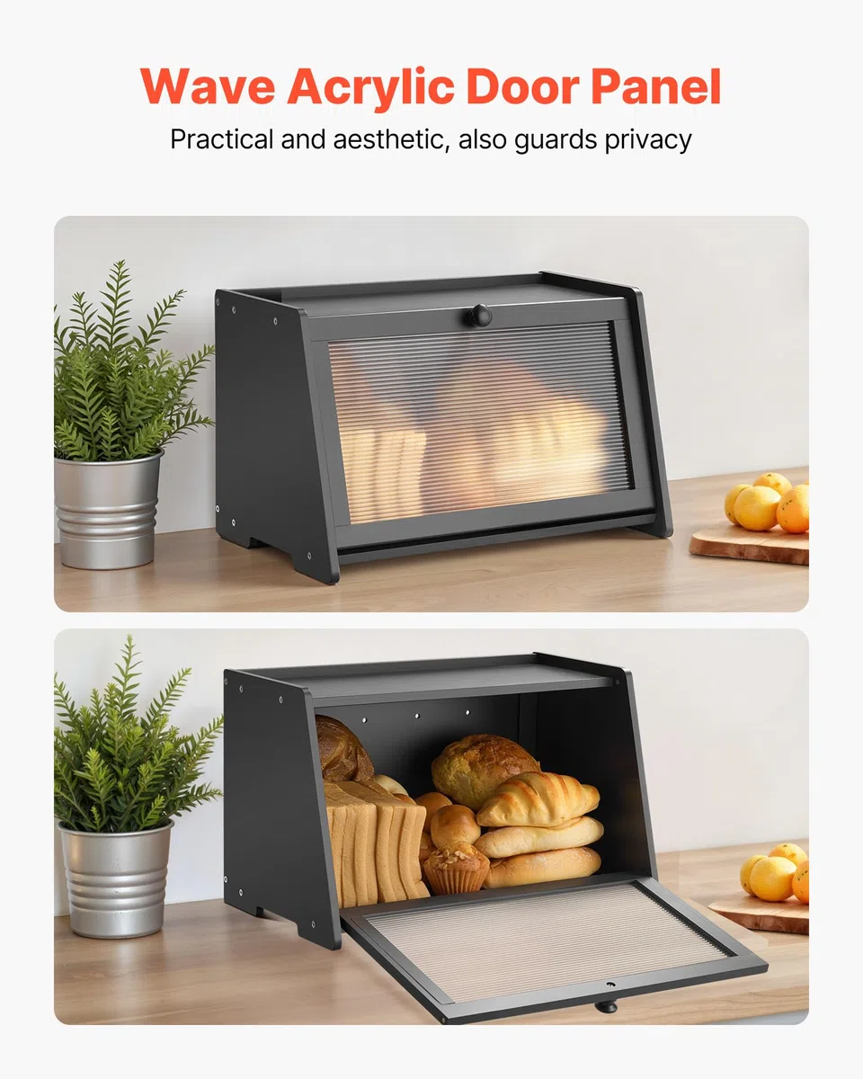 VEVOR Contenitore per Pane da Cucina 420 x 250 x 260 mm Contenitore per Pagnotta in Legno di Bambù per Pane Fatto in Casa, con Pannello Porta in Acrilico Ondulato, Forma di Trapezoidale, Nero