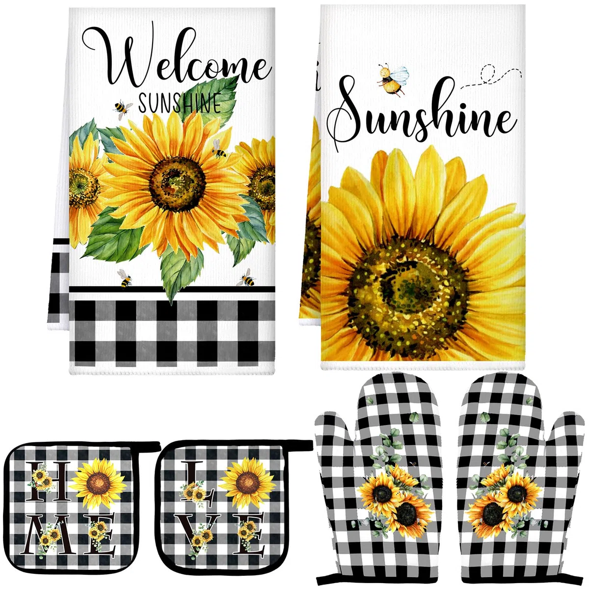 Bencailor 6 presine decorative da cucina, 2 strofinacci, 2 guanti da cucina in fattoria, 2 presine, accessori per cottura alla griglia (giallo, girasole)