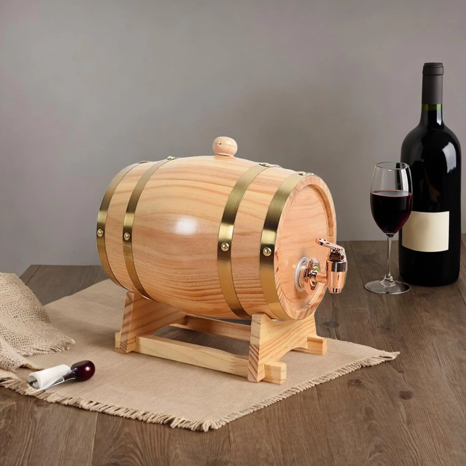 perfk Bottiglie per Vino in Rovere con Supporto, Contenitore per Birra in Legno, Distributore di Vino con Foro per Il Tappo Et Un Rubinetto, Distributore per Whisky, Vino, Birra, 3L