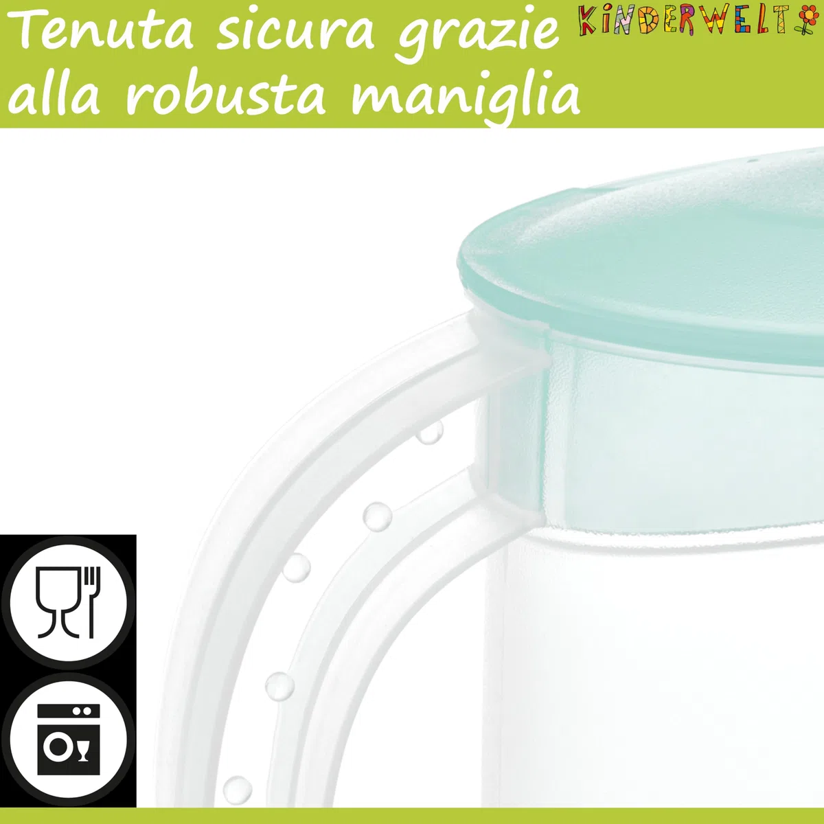 KiNDERWELT Caraffa per succo da 2 litri, in plastica, con coperchio, con inserto per frutta e scala, per porta del frigorifero, caraffa per acqua per bevande fredde come succo, tè freddo