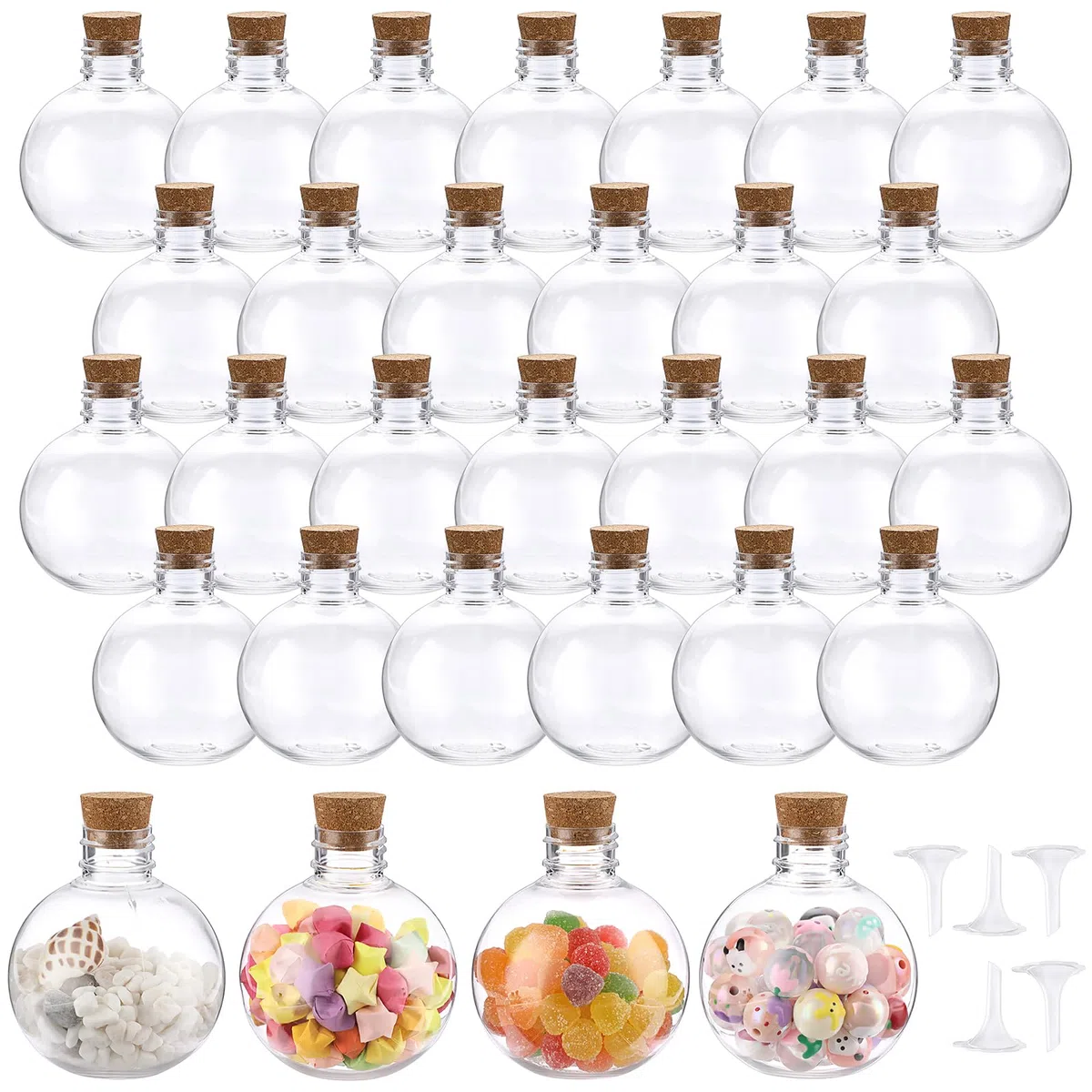 SUMTree Confezione da 30 bottiglie di plastica a forma di sfera da 141,7 g, con tappo in sughero, contenitori trasparenti per pozioni con 10 mini imbuti per fai da te, oli essenziali, decorazioni per
