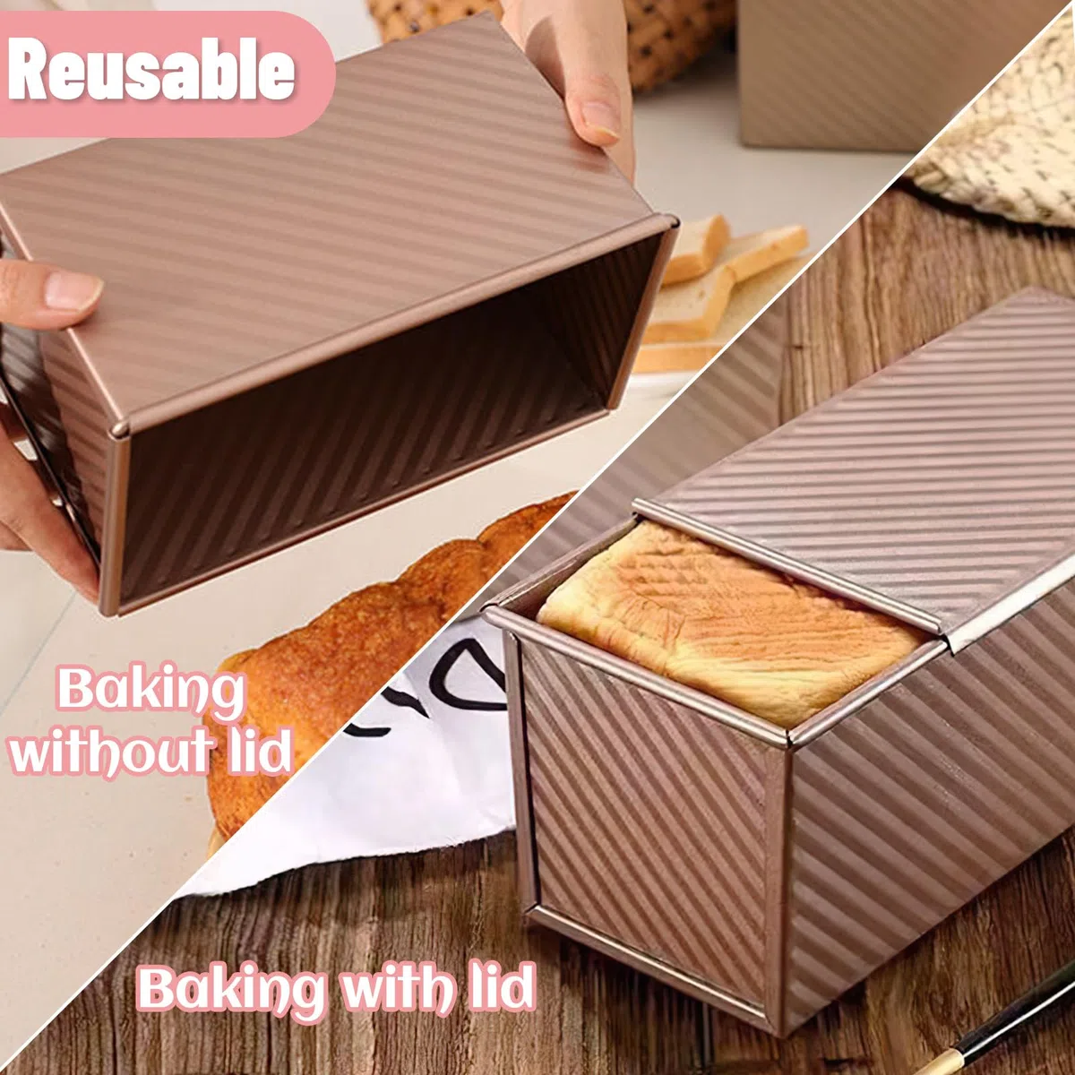 Stampo Per Pane in Cassetta con Coperchio, 21 x 12 x 11,5 CM Stampo Per Pane Toast Ondulato, Antiaderente Stampi per Plumcake 450g Pasta, Stampi Pane Acciaio al Carbonio, Oro Rosa