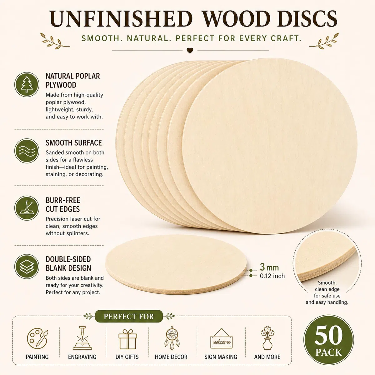 STARVAST 50 dischi di legno grezzo naturale, fetta di legno 15 cm con spessore 3 mm, tondi di legno per arti e mestieri, decorazioni natalizie, artigianato fai da te, 6 pollici