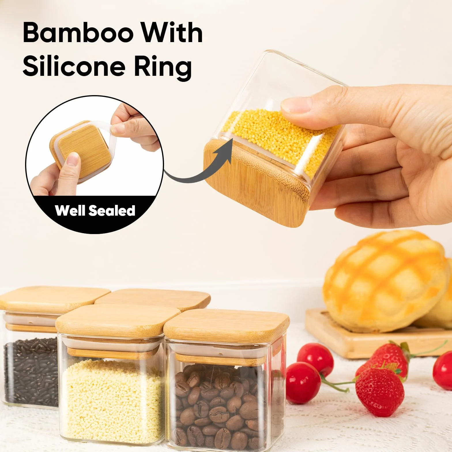 Set di 12 barattoli per spezie, rettangolari, da 120 ml, con coperchio in bambù, con etichette e pennarello bianco