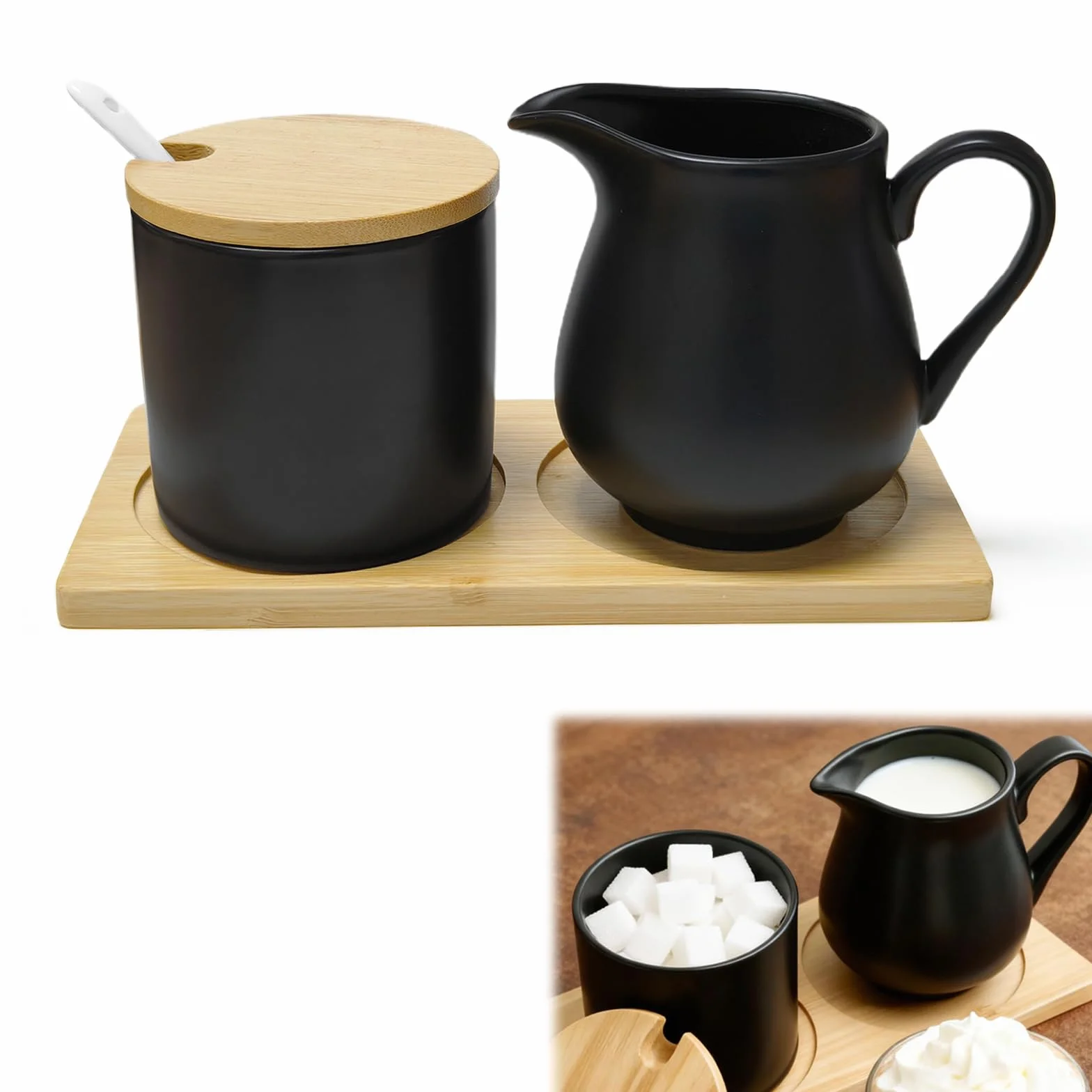 Set di latte e zucchero con coperchio e cucchiaio, bricco per latte in ceramica e zuccheriera con vassoio in legno, set per caffè, latte e latte lavabile in lavastoviglie (nero)
