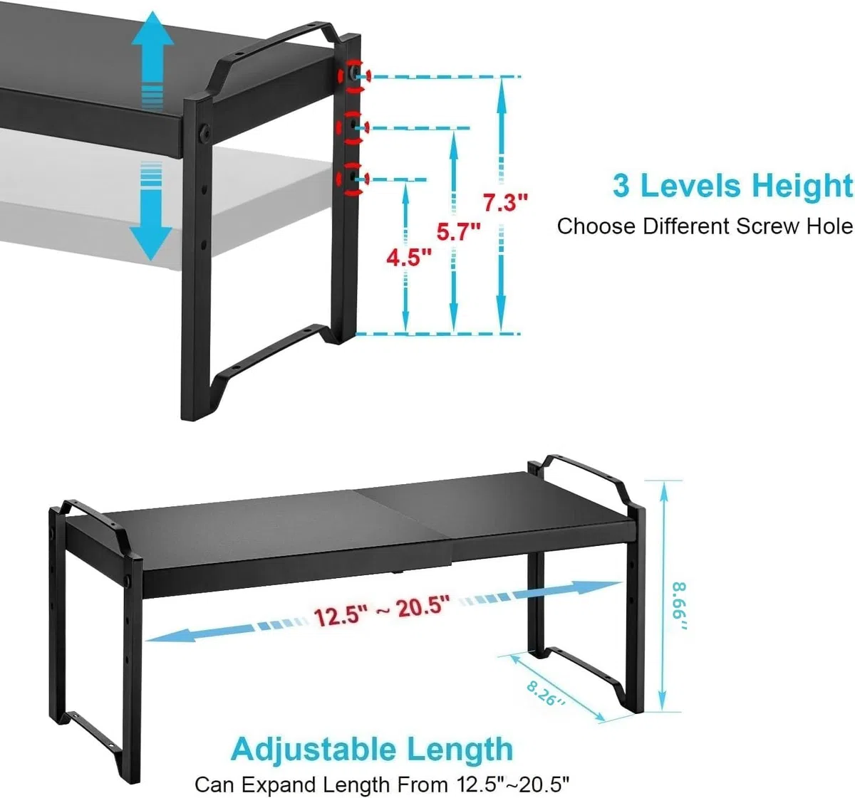 Ripiano Salvaspazio Cucina Espandibile, Organizer Cucina con Altezza Regolabile, Portaspezie Salvaspazio Metallo, Mensole con Design Versatile per Bagno e Soggiorno Scrivania (Nero)