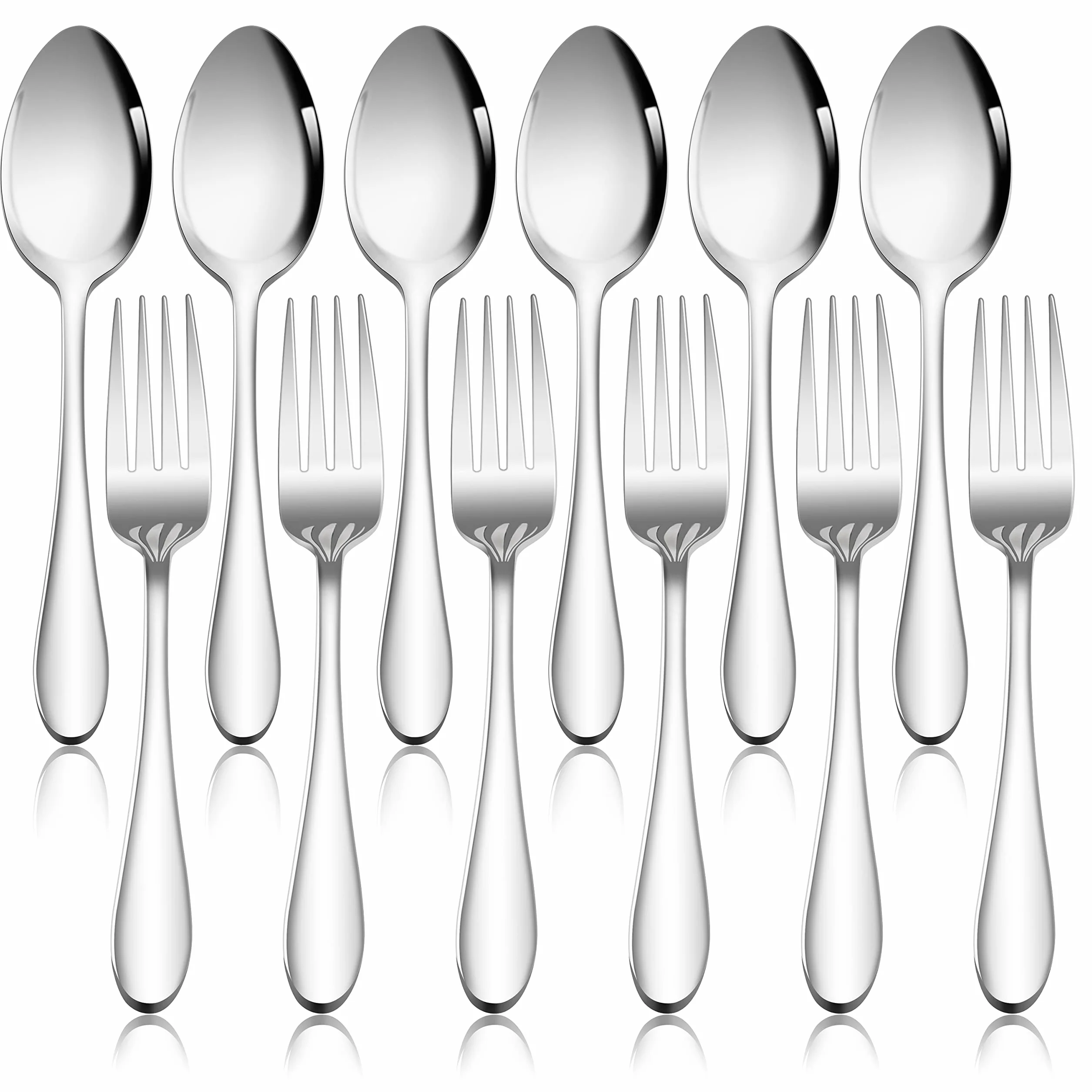 Joyfair - Set di 12 forchette e cucchiai, in acciaio inox, per casa, ristorante, hotel, lucido e lavabile in lavastoviglie, 6 cucchiai (18,8 cm) + 6 forchette da tavola (19 cm)
