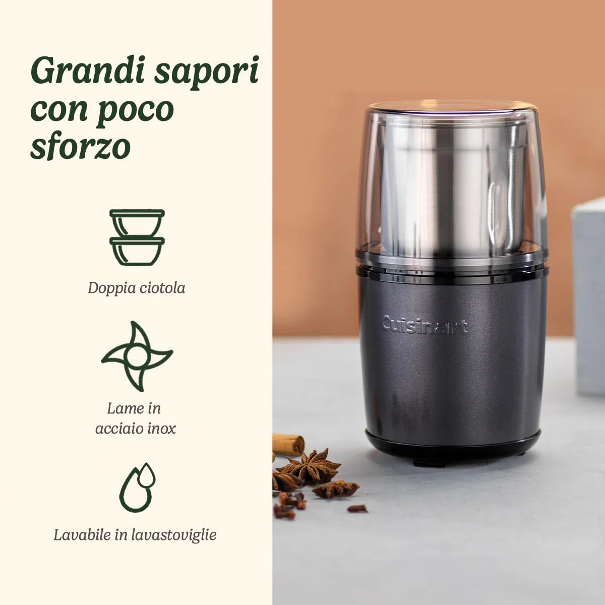 Cuisinart SG21BE Trita Spezie, per Spezie, Frutta Secca e Puree, Funziona anche con Piccole Quantità, 2 Contenitori di Macinazione e Stoccaggio in Acciaio Inox Inclusi, Design Compatto
