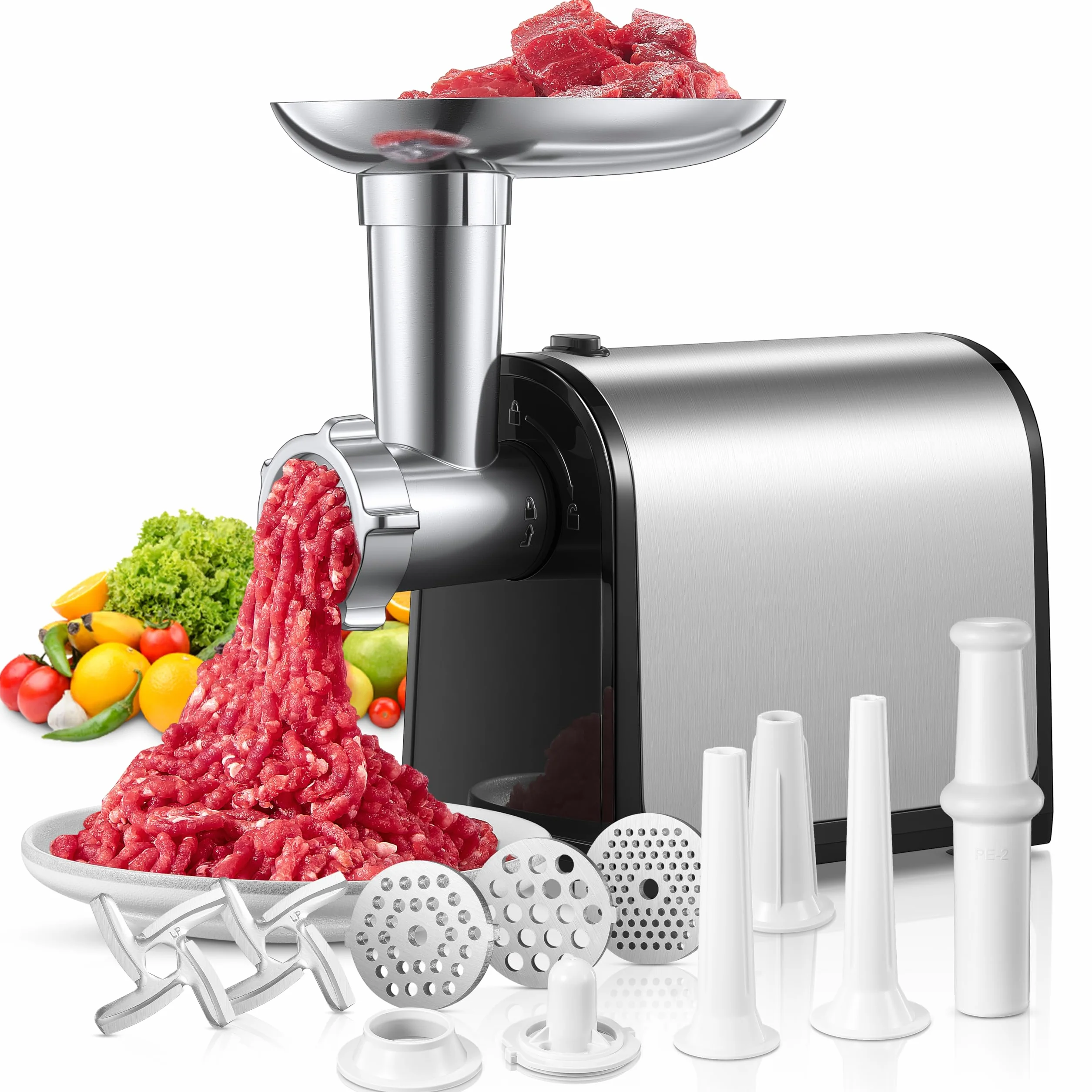 Tritacarne, 3 in 1 Tritacarne Elettrico con 3 Piastre Abrasive in Acciaio Inox, 1 Cubo e 3 Tubi di Riempimento per Salsicce, 300W, 2000W max
