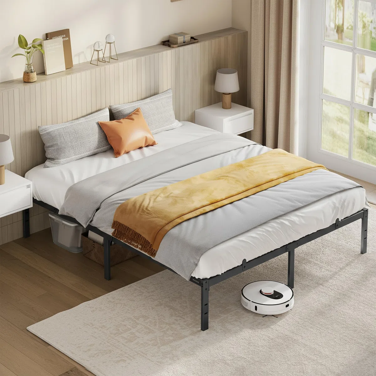 VASAGLE Struttura Letto Matrimoniale, per Materasso 160 x 190 cm, Telaio del Letto in Metallo, Spazio di Organizzazione, Moderno, per Ospiti, Montaggio Semplice, Nero Inchiostro RMB139BD01