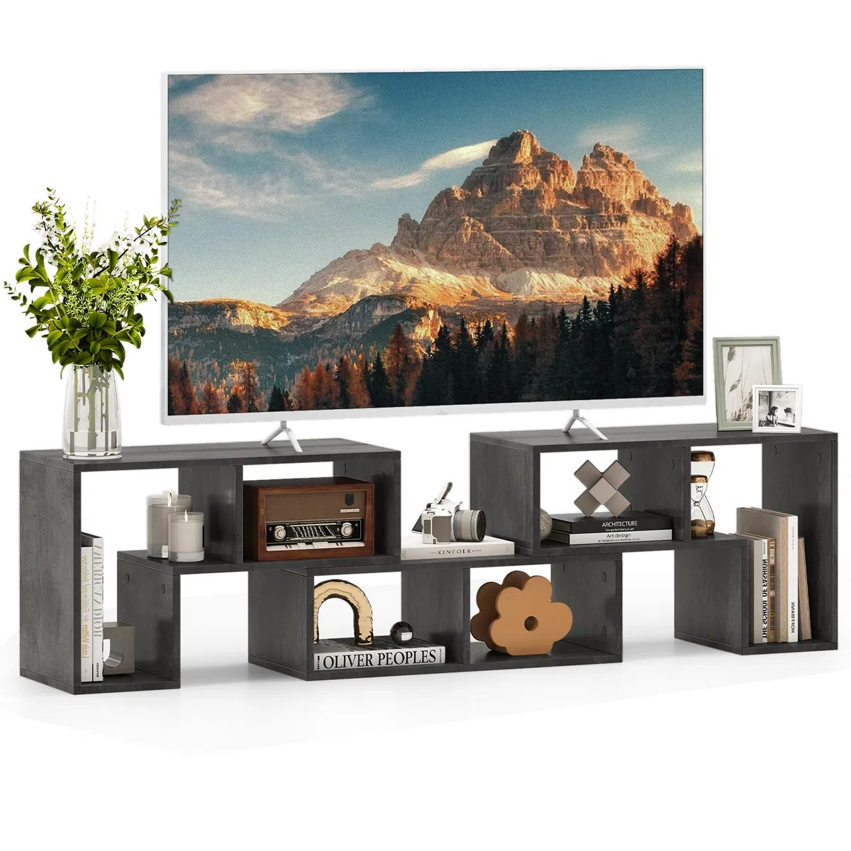 COSTWAY Mobile Porta TV Combinabile con Ripiani Aperti, per TV Fino a 65 Pollici, Mobile TV di Legno per Camera da Letto, Soggiorno, Capacità di Carico Massima 80 kg, 134-180 x 30 x 43 cm (Grigio)