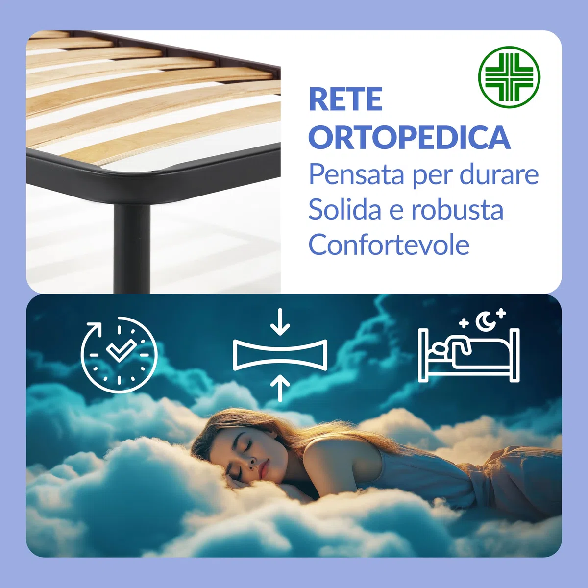 NUVOLA Atena - Rete Letto Singolo 80x190 con Doghe in Legno, Rete Singola Ortopedica con Struttura in Ferro e Piedi Smontabili, Durevole e Robusta - Ideale Per Tutti i Tipi di Materassi, Made in Italy