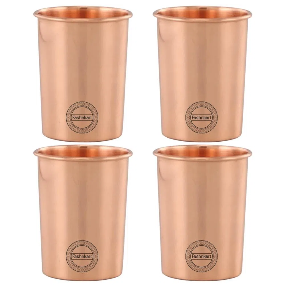 Bicchieri in rame puro Set di 4 bicchieri per acqua potabile Ayurveda Health Pure Tumblers Tazze in rame 10,14 Oz 300 Ml (semplici)