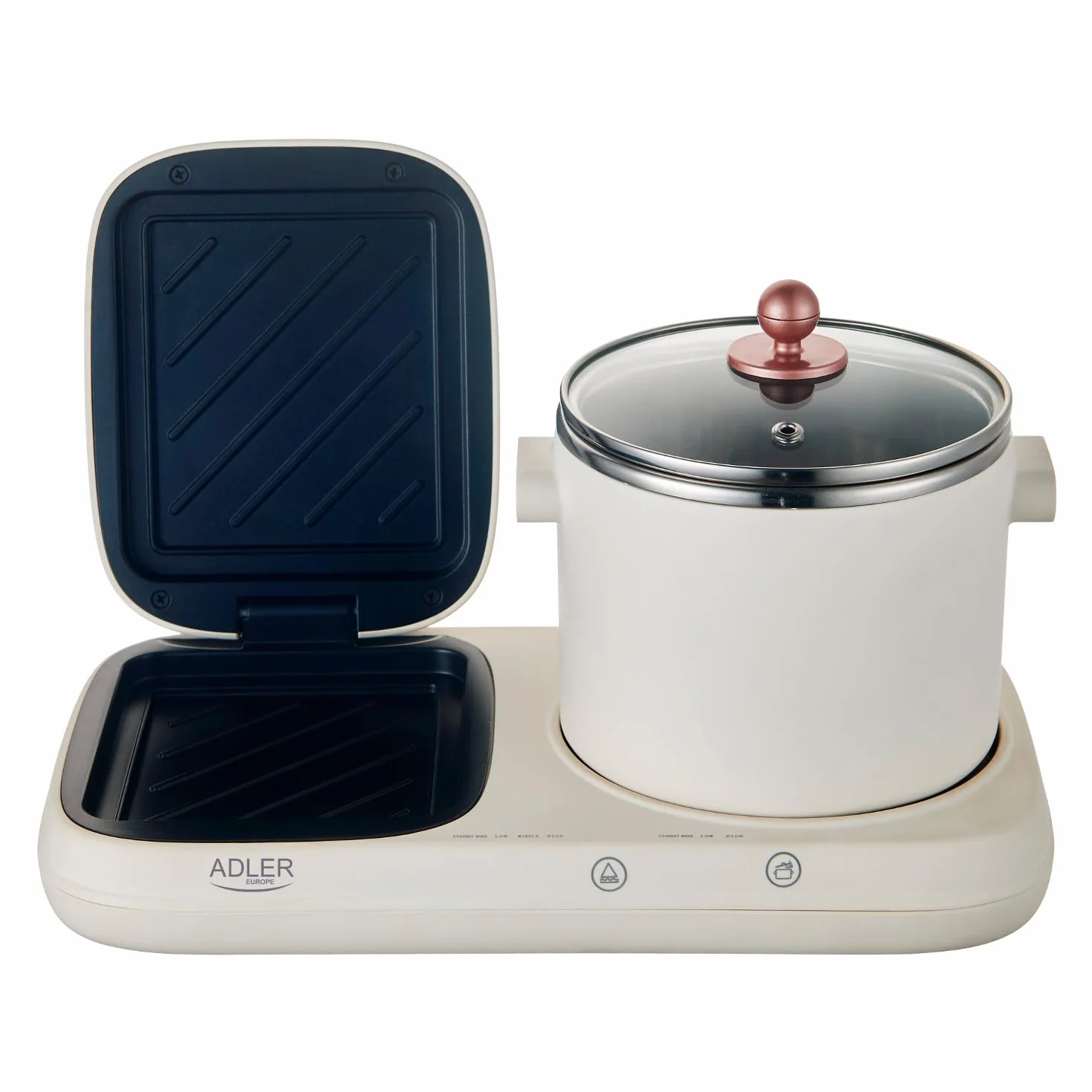 ADLER EUROPE AD 6421 Stazione di colazione 2 in 1 con pentola da 1,0 L e superficie antiaderente per griglia | Design retrò | per piccole cucine | Multifunzionale 1100-1320 W