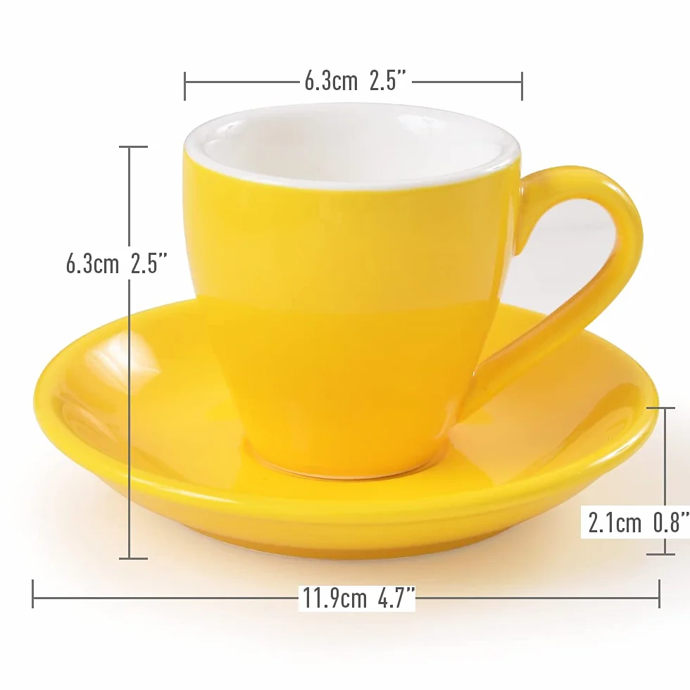 ionEgg Tazza da caffè in porcellana con piattino e mini cucchiaini in acciaio inox, 80 ml, confezione da 2, giallo