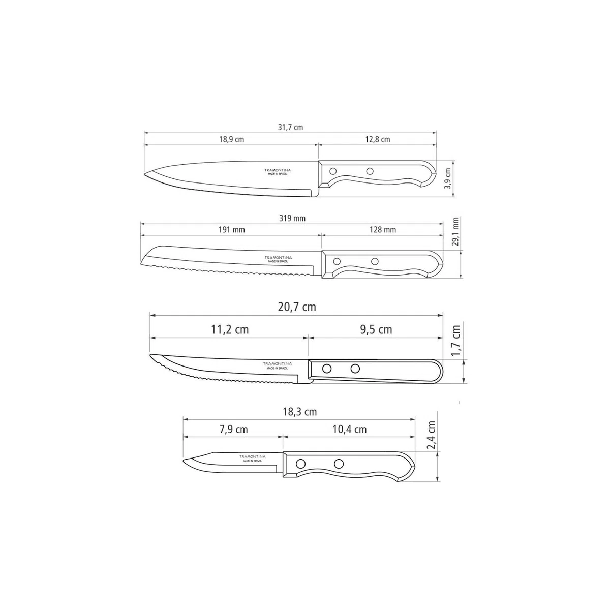 Tramontina Set di Coltelli in Acciaio Inox e Legno Naturale Dynamic 4 Pezzi