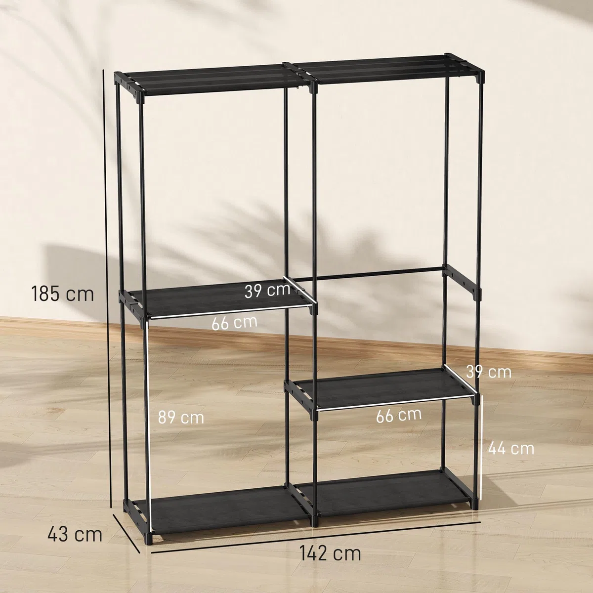 HOMCOM Armadio Guardaroba con 3 Aste e 4 Ripiani, Guardaroba in Tessuto non Tessuto, Plastica e Acciaio, 142x43x185 cm, Nero