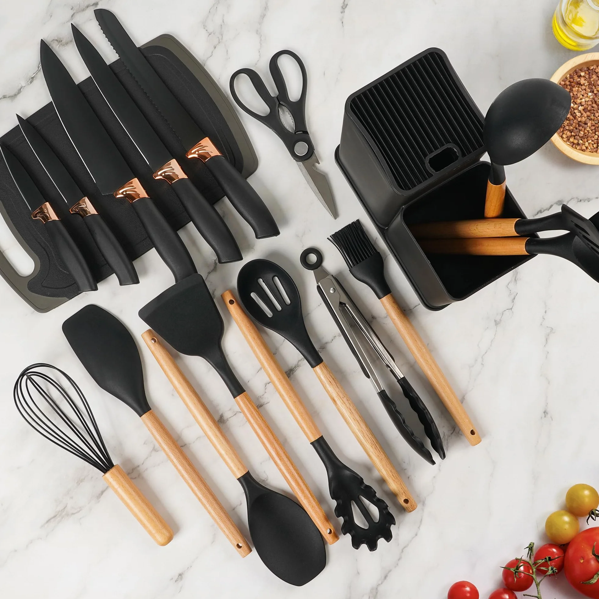 Vortix 19 Pezzi Set Utensili Cucina Silicone, Set Coltelli da Cucina con Porta Utensili, Mestoli Cucina Silicone con Manico in Legno, Nero