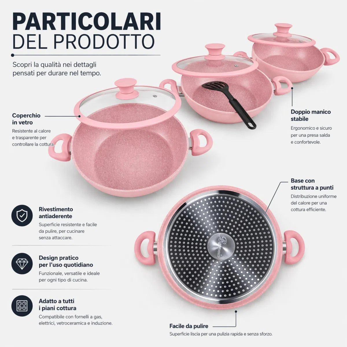 VKZ Set Pentole e Padelle 3 Pezzi, 3 Padelle Antiaderenti con 3 Coperchi in Vetro + 1 Utensili da Cucina, Rivestimento Antiaderente, Manici Ergonomici, Adatte a Gas e Induzione(rosa)