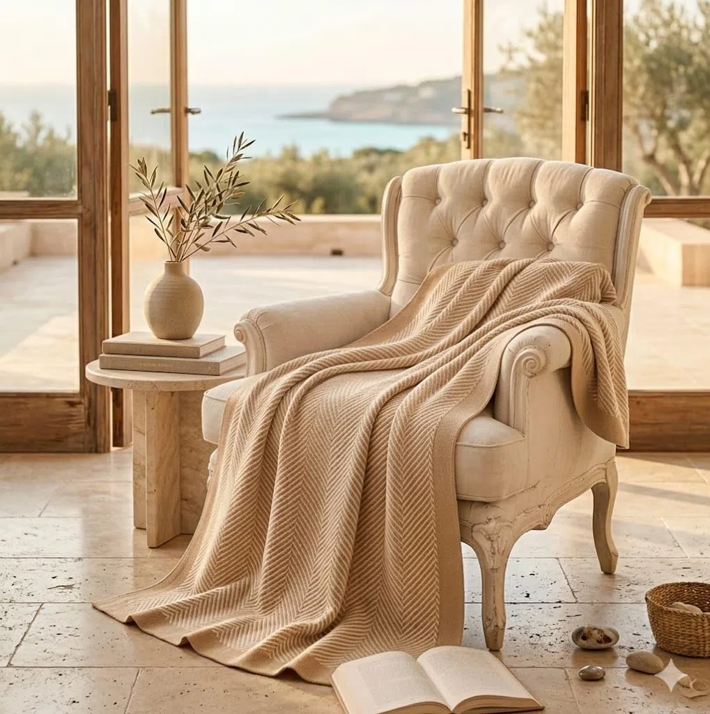 Plaid 130x170 cm BOSALONI HOME Premium Collection, Coperta Elegante a Spina di Pesce per Divano e Letto, Morbida e Calda in Pile Flanella, Design Moderno Raffinato (Beige e Bianco)