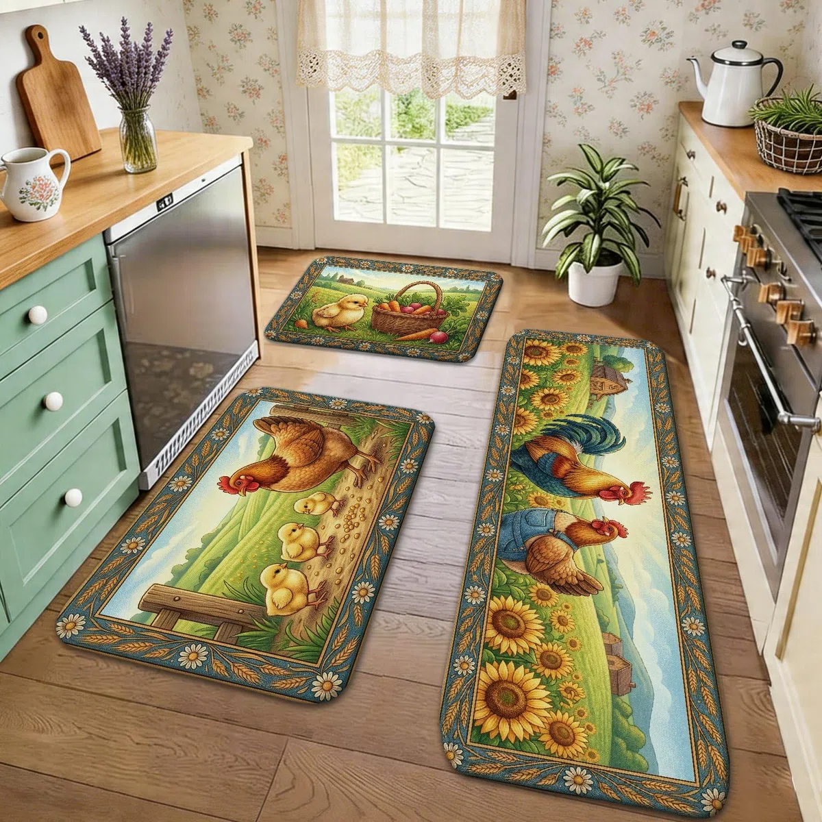 Tappetini da cucina per pavimento, motivo pollo, decorazione rustica con gallina e girasole, morbidi tappeti imbottiti a molla, comodi tappetini lavabili per lavelli da cucina, lavanderia e bagno, 3
