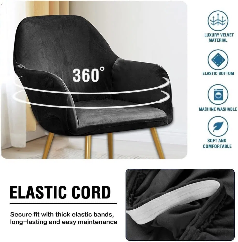Copripoltrona Velluto Coprisedie con Braccioli Elasticizzato Universale 1/2/4/6 Pezzi Copertura Sedie Poltroncina Fodera per Sedia Ufficio Sala(Nero Nero.,2PCS)
