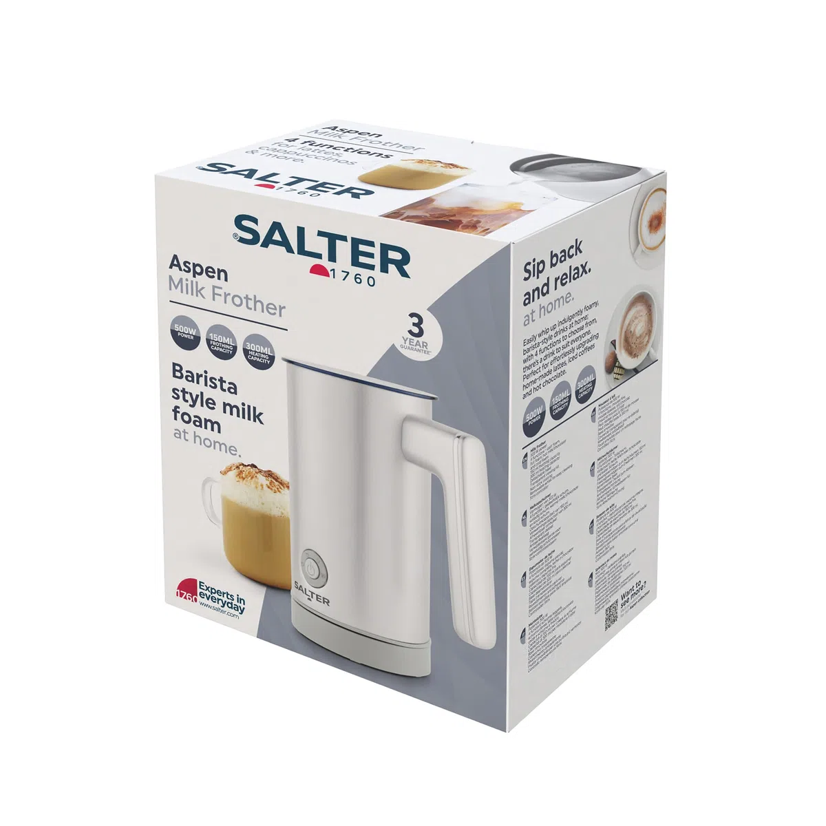 Salter EK6359MMSVDE Aspen Montalatte - Vaporiera elettrica 4 in 1, schiuma di latte calda e fredda, caffè, cappuccino, latte, capacità di schiumatura 150 ml/capacità di riscaldamento 300 ml, 500 W