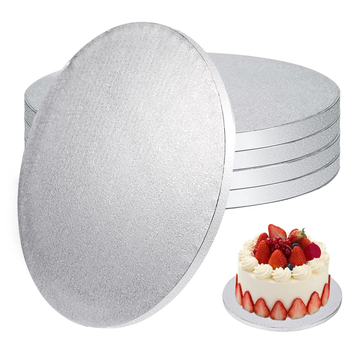 Sottotorta Tondo Cake Board 12 mm - Ø 30 cm - Argento - 5 Pezzi Cake Drum Rotondo, Vassoio Torta in Cartone, Riutilizzabili Base Torta Rivestita per Decorazione, Matrimoni, Compleanno