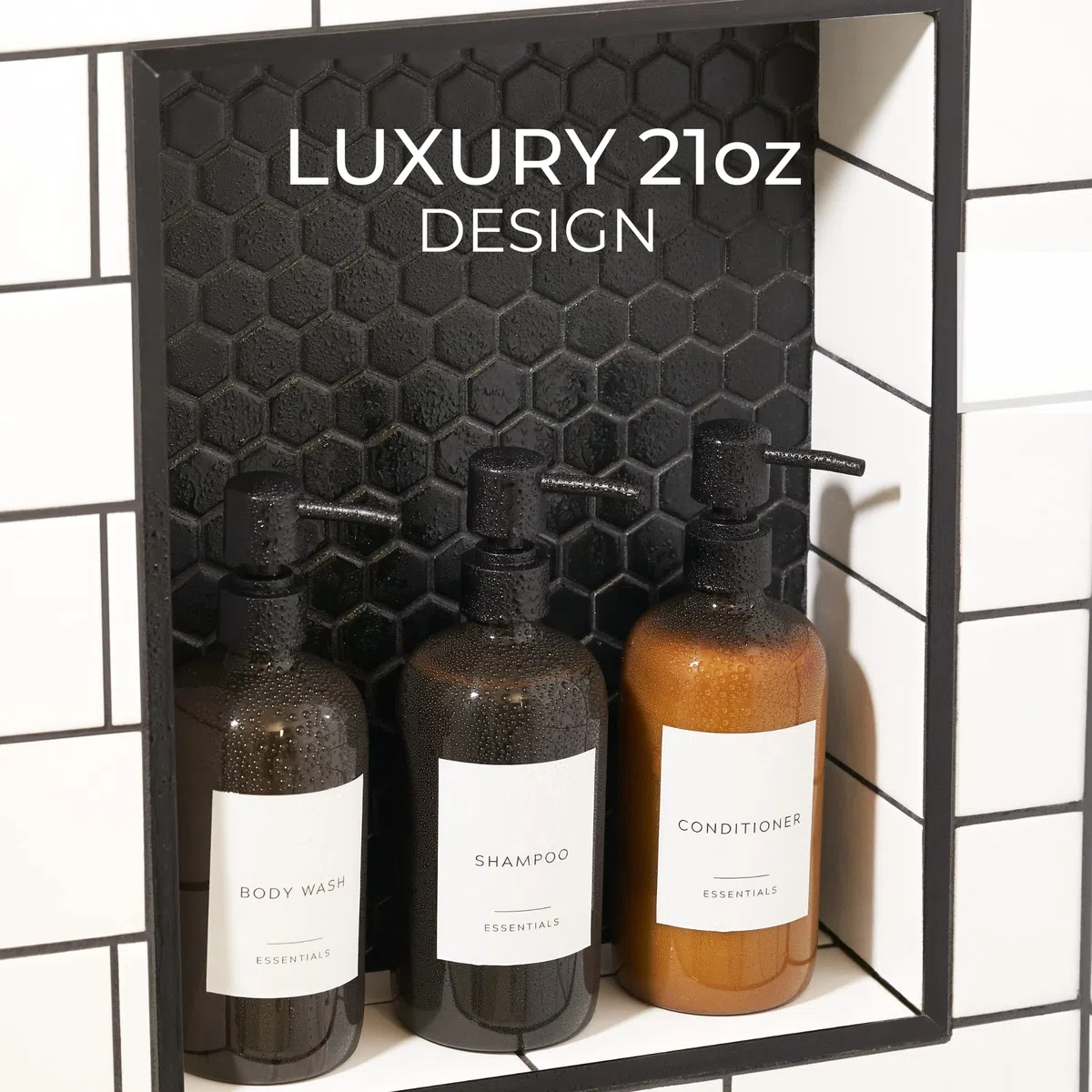 KIBAGA Set di 3 erogatori in PET per shampoo, balsamo e bagnoschiuma, 620 mL, con pompa ed etichette, facile da ricaricare, per un miglioramento istantaneo dell’arredamento del bagno, bianco